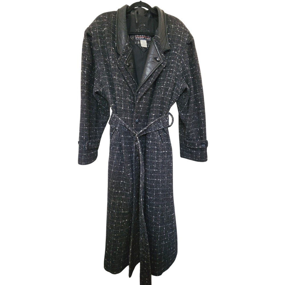 Vintage Front Line Wool Blend Long Coat Black Tweed Leather Trim Belted ‎ XL